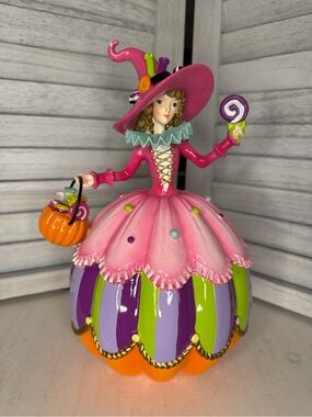 Ghoulish Halloween Pink Witch Girl Pumpkin Candy Figurine 10" Brand New